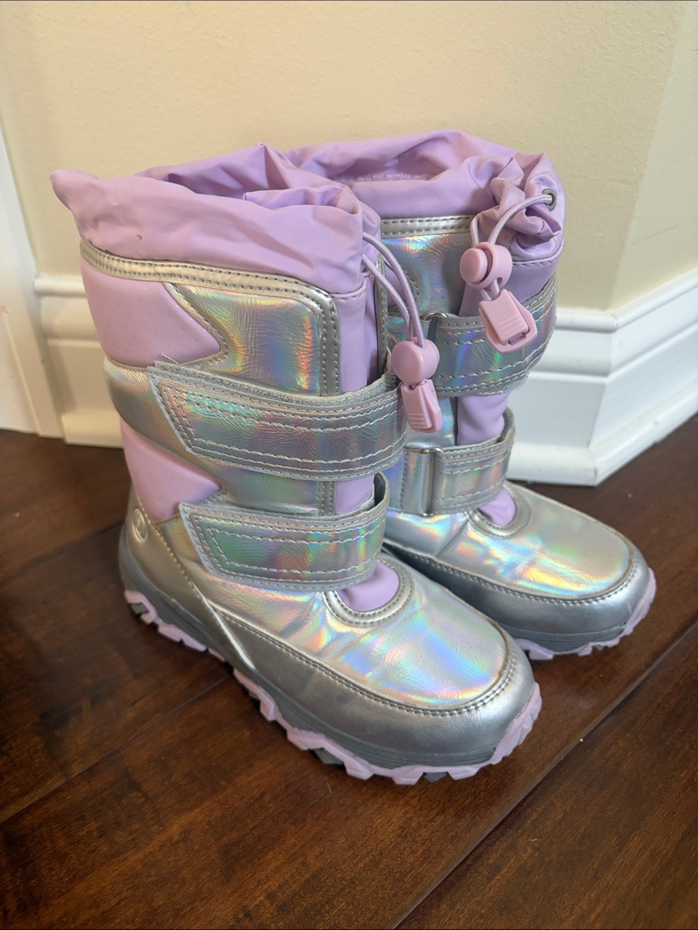 Lands' End Kids Holographic Silver and Light Pink Snow Boots
